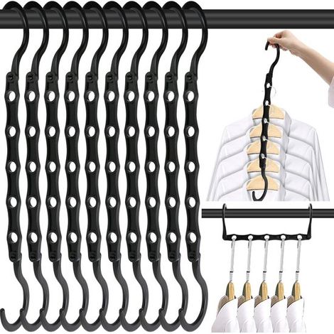 10 appendiabiti magici, organizer salvaspazio per armadio, 5 fori, plastica robusta, pieghevoli, ruotabili a 360°, soluzione multifunzionale per riporre abiti - Nero (1/5)