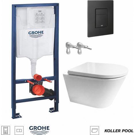 Pack WC Bastidor empotrado GROHE cisterna y pulsador negro mate con inodoro suspendido Tornado Orion tapa envolvente blanco brillo de Koller Pool (1/5)