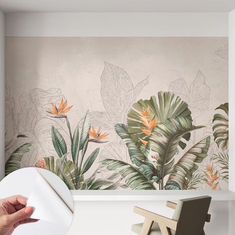 Selbstklebend Tapete - Wandgestaltung - Tapete Wohnzimmer - Flur Eingangsbereich Tropische Blumen 152x104 cm (1/5)