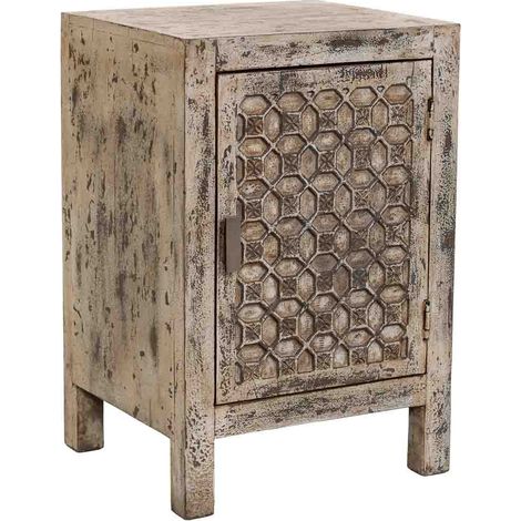 Mesita de noche de madera artesanal beige 45x35x60h cm