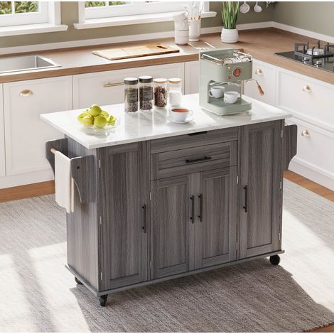 Îlot de cuisine mobile 136x70x92 cm gris en MDF avec plateau extensible et rangements (1/5)