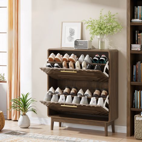Mueble zapatero 80 cm con 2 puertas abatibles, almacenamiento abierto, MDF y patas de madera, color nogal (1/5)