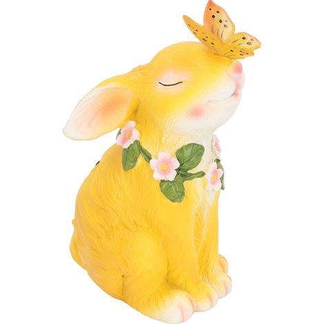 Ortviai Statue de lapin solaire jaune en résine avec capteur automatique et batterie intégrée pour jardin et extérieur
