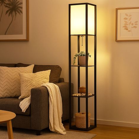 Stehleuchte Holzregal Standlampe Textil schwarz naturfarben Schlafzimmerleuchte stehend, 1x E27 Fassung, LxBxH 26x26x159 cm