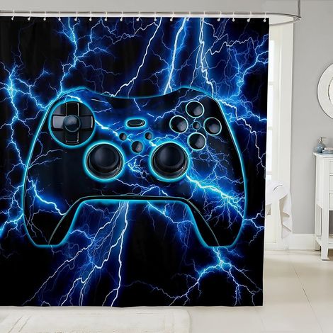 Rideau Douche 180x200cm Gaming, Rideaux de Douche Gamer, Rideau de Baignoire Consoles de Jeux Vidéo, Rideaux Salle de Bain Bleu Lightning,Gamer - 180L X 200H cm (1 Panneaux) (1/5)