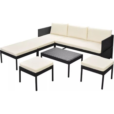 Salon de jardin modulaire 1 canapé résine noir coussins blanc Kesaria (1/5)