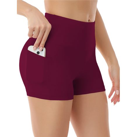 Short de yoga pour femme, poches latérales avec poche pour téléphone, taille haute, idéal pour le yoga et le fitness, pantalon de sport, sous-vêtement, rouge bordeaux multicolore (1/4)