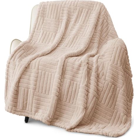 Plaid polaire léger pour canapé, doux et moelleux avec motif jacquard décoratif pour l'été, chaud et moelleux, 180 x 130 cm, camel