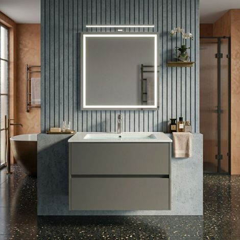 Mobile bagno sospeso 100x45 cm grigio opaco con 2 cassetti e lavabo incluso – Soria