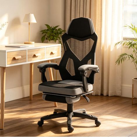 Ergonomischer Gaming-Bürostuhl mit hoher Rückenlehne, höhenverstellbar, Schwarz/Grau OKMYHOME (1/5)