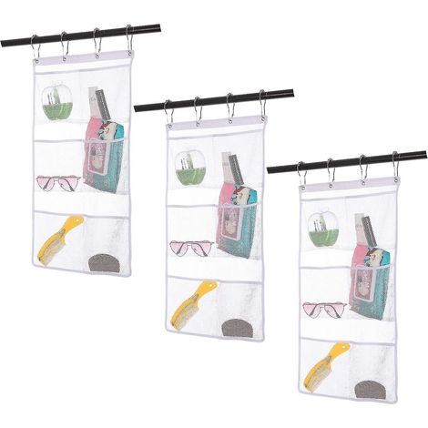 Organisateur de douche suspendu en filet, 3 pièces, avec 6 poches et 4 anneaux. (1/2)