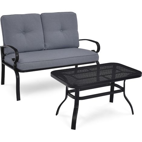 Set giardino 2 pezzi cuscini imbottiti panchina 2 posti tavolino balcone grigio scuro (1/4)