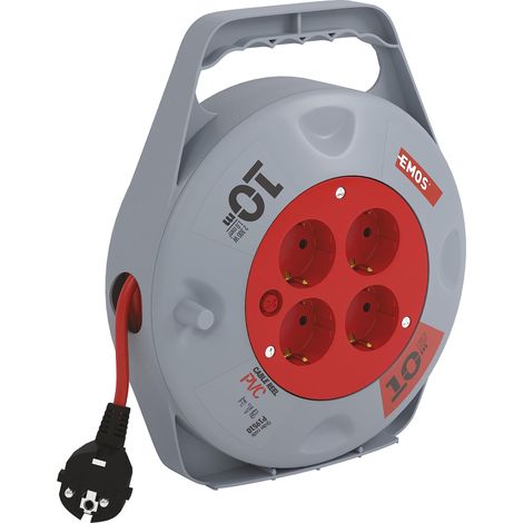 EMOS P19510 Mini avvolgicavo 10 m- 4 Prese Schuko-230 V, Isolamento in PVC di Alta qualità-H05VV-F3G 1,0 mm2-con Interruttore termico-IP20 per Interni, 2300 W, 230 V, Multicolore (1/4)