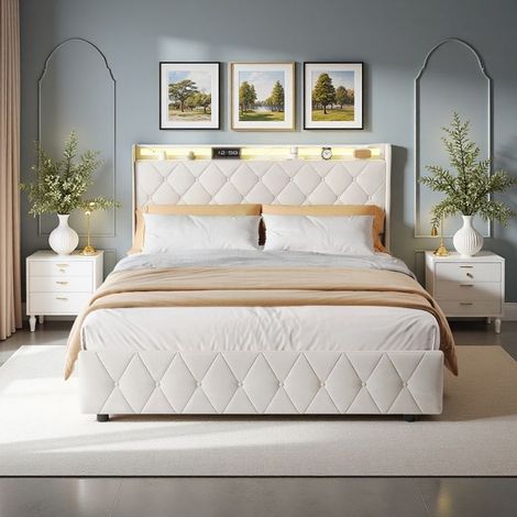 Bett 160x200 cm - Beige Velours - 4 Schubladen - Integrierte LED - Lattenrost inklusive