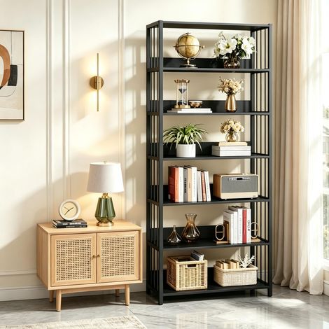 Estantería de pie abierta de 6 niveles en MDF y metal 80 x 30 x 190 cm negra OKWISH (1/5)