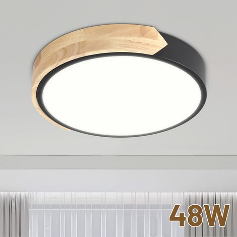 Wolketon LED Deckenleuchte Holz Dimmbar 48W 30cm Deckenlampe Wohnzimmer Schwarz mit Fernbedienung 3000-6000K