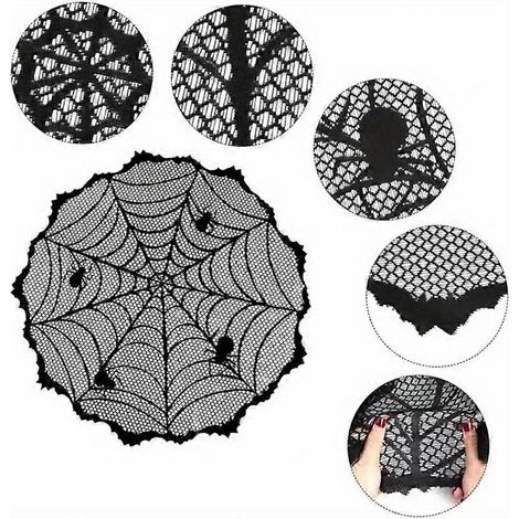Nappe Halloween en dentelle noire style gothique avec motif araignée et chauve-souris - Idéale pour décorer vos fêtes. (1/4)