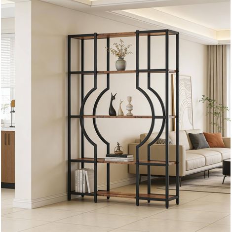 REDOM estantería librería 108x36.5x28 cm, 5 estantes abiertos, fijación de pared, metal y madera, negro y marrón rústico (1/5)