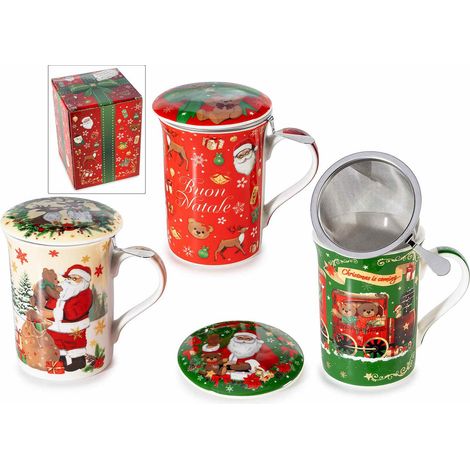 Tasses de Noël en porcelaine avec filtre en acier et couvercle, en coffret cadeau, lot de 3, tasse : diam. 8 cm x H. 11,5 cm