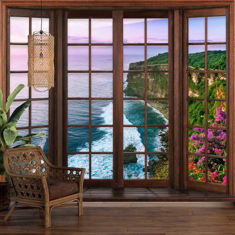 Papier peint panoramique Trompe l'oeil Fenêtre en bois - Vue Mer - 130 cm x 104 cm (1/5)