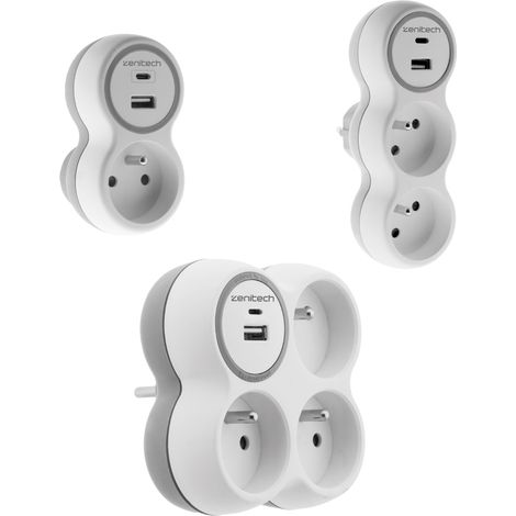 Zenitech – Set de 3 prises 16A + USB – simple, double et triple – Ports USB-A et C 12W – Installation facile pour électricité moderne