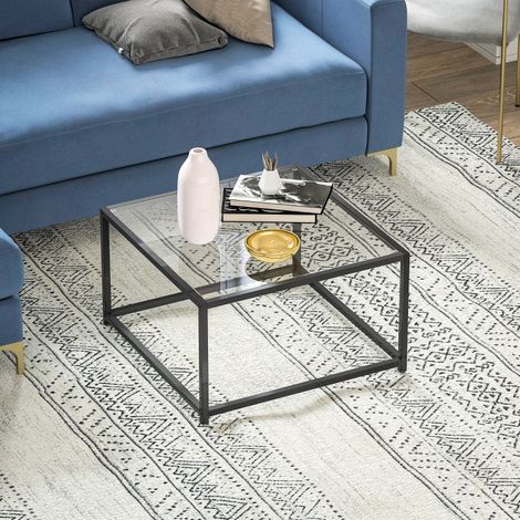 Table d'appoint carrée avec plateau en verre trempé, table basse avec pieds en acier, 68 x 68 x 39 cm, noire (1/5)