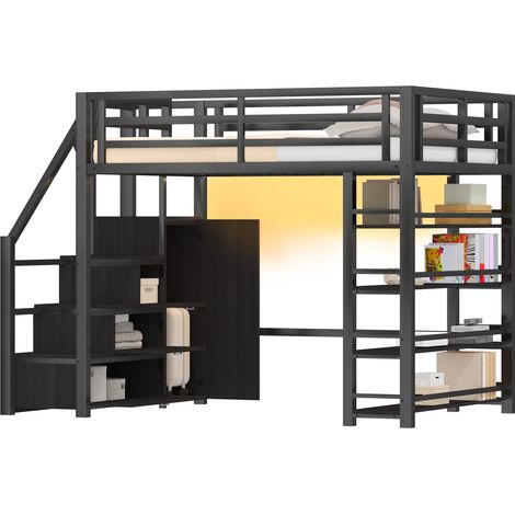 CHICFURN Letto a soppalco 140x200 cm in metallo nero con contenitori, LED e armadio (1/5)