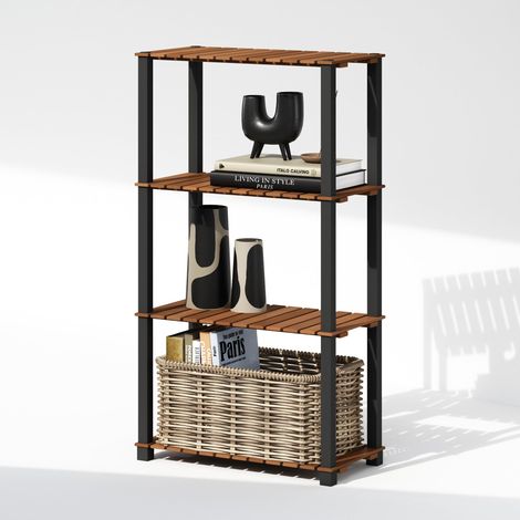 Étagère de présentation 4 Niveaux, Étagère de Rangement, Bibliothèque, avec Lattes en Bois, Poteaux carrés, pour Organisation et Rangement intérieur et extérieur, Naturel (1/5)
