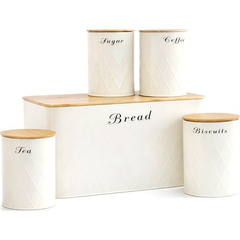 Oypla 5pc Cream Bamboo Lid Kitchen Canister Storage Tin Set Bread Biscuits Tea Sugar Coffee (1/5)
