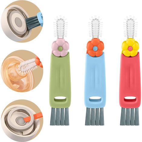 Brosse de Nettoyage 3 en 1, Outil de Nettoyage Adapté aux Couvercles de Tasses, aux Bouteilles d'eau, aux Bberons, aux Claviers et aux Espaces de Cuisine Domestique, Rouge/Bleu/Vert