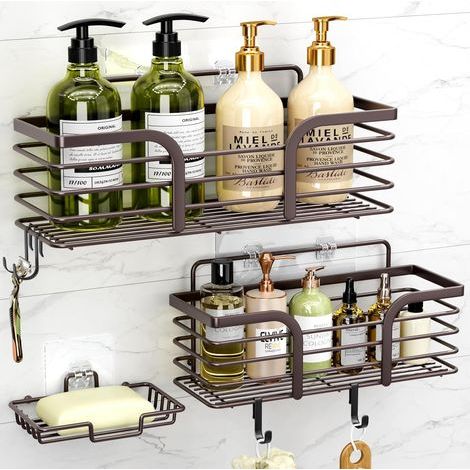 Adhesive shower caddy with soap dish and 4 hooks, rustproof, no drilling required, wall-mounted storage rack, bronze (1/5)