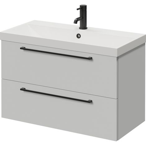 Napoli 390 Gloss Grey Pearl 800mm Wall Mounted 2 Drawer Vanity Unit with Rimini Basin - 800mm - Matt Black 480mm Handle