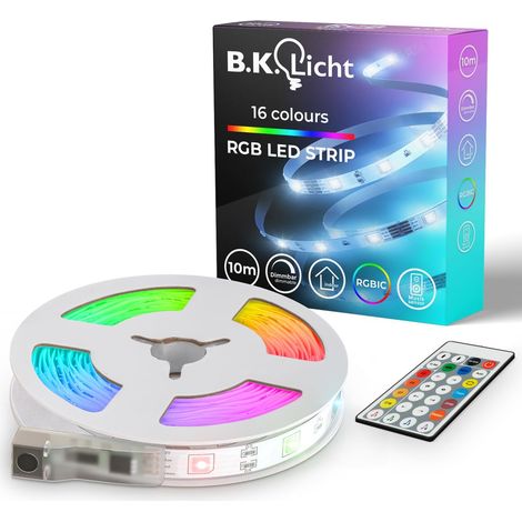 B.K.Licht – Ruban LED RGBIC 10m avec capteur de musique – Synchronisation musicale – Autocollant – Télécommande – Pour salon et chambre d'enfant