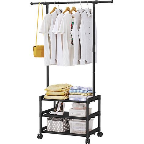 Portant à vêtements Aoresac avec étagères, portant métallique robuste sur roulettes à 3 niveaux pour chaussures et accessoires, noir ou blanc (1/3)