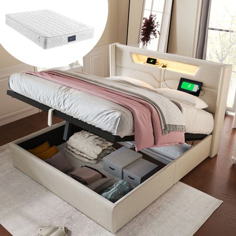 CHICFURN Cama doble 140x200 cm de lino beige con LED, USB Tipo C, almacenamiento y somier (1/5)