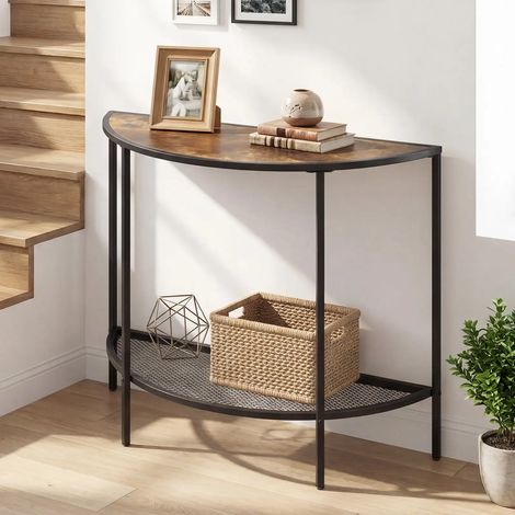 Console demi-lune marron en métal à 2 niveaux avec étagère de rangement et pieds réglables pour entrée, couloir et salon (1/5)