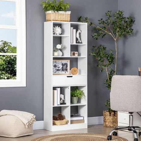 Estantería de Madera con 1 Cajón y 9 Compartimentos Mueble Librería para Salón Oficina Estudio 60x26x158cm Blanco (1/5)