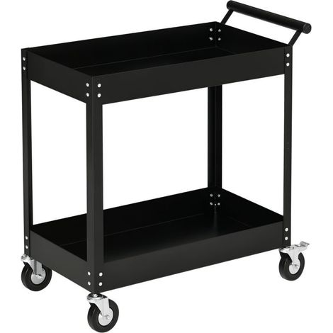 Carrello da officina a 2 ripiani in acciaio con 4 ruote, portata 150 kg. Dimensioni 84,5×38×84 cm, colore nero, perfetto per garage e officina