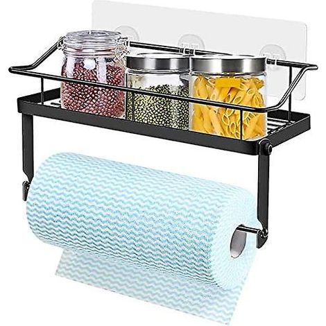 Porte-rouleau de papier essuie-tout mural sans perçage avec étagère - Distributeur de papier essuie-tout et porte-épices - Organisateur et rangement pour salle de bain (1/5)