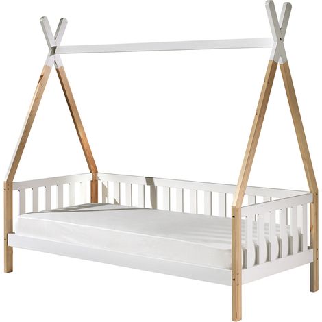 Lit tipi barrière 90x200 sommier inclus Vipack - Bois et blanc (1/5)