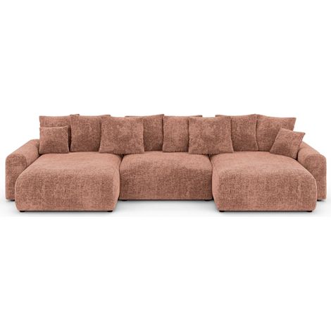 OLI - Canapé panoramique convertible tissu chenille 5 places - Terracotta