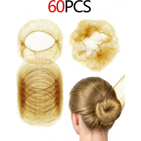 60 pièces Filets à cheveux élastiques marron clair, filets à cheveux invisibles pour dames, adaptés pour chignons, service de restauration, ballet, sommeil, hôtesses de l'air, infirmières, maille fine (1/5)