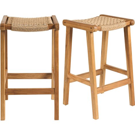 Taburetes de bar étnicos exteriores en madera de teca maciza y tejido de ratán H66 cm (juego de 2) GAWA