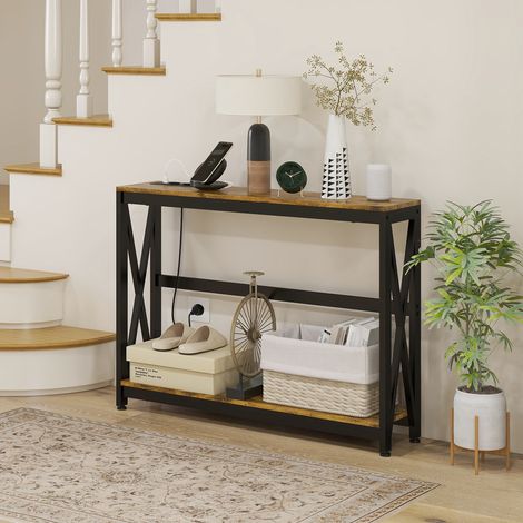Schmaler, zweistufiger Konsolentisch im Industriestil mit Steckdosen und USB-Anschlüssen, 100 x 24 x 75 cm, braun