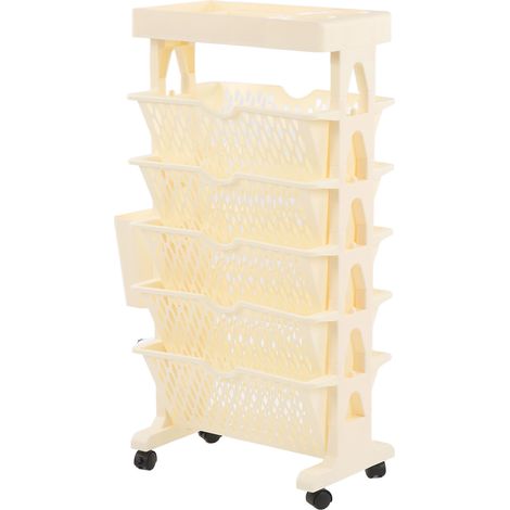 Étagère mobile à 6 niveaux, grande capacité, épaisse, multifonctionnelle, sur roulettes, pour le salon ou le bureau, beige (1/5)