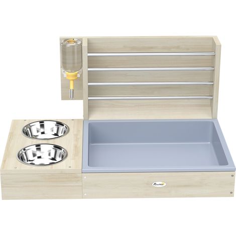 Comedero de Heno para Conejos con Bandeja, Alimentador de Madera, Cuenco Acero Inoxidable y Botella Agua 45x30x20cm (1/5)