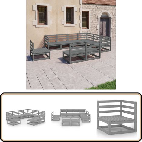 9-tlg. Garten-Lounge-Set Grau Kiefer Massivholz - Gartensofa - Lounge Set - Gartenmöbeln - Holz Gartenmöbel - Kiefer Massiv
