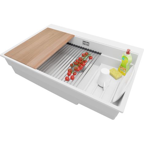 PRIMAGRAN Evier Cuisine en Granit 78x53cm, Lavabo 1 bac + Kit de Vidage + Accessoires, Évier à Encastrer au meuble 80cm - Oslo Max, Blanc (1/5)
