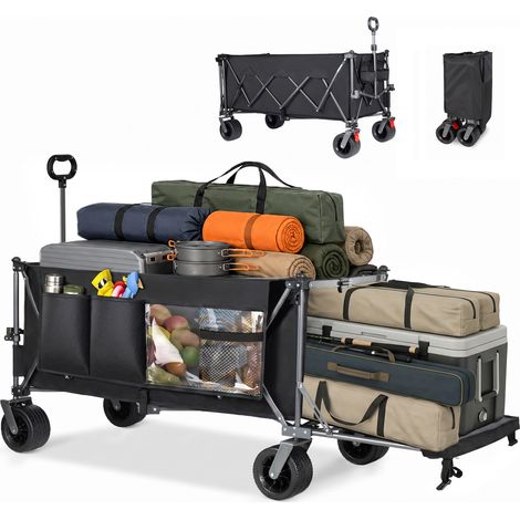 Chariot de transport pliable 180 cm avec ridelle arrière extensible, grands roues tout-terrain, structure métal, tissu Oxford, noir et gris - CHICFURN (1/5)