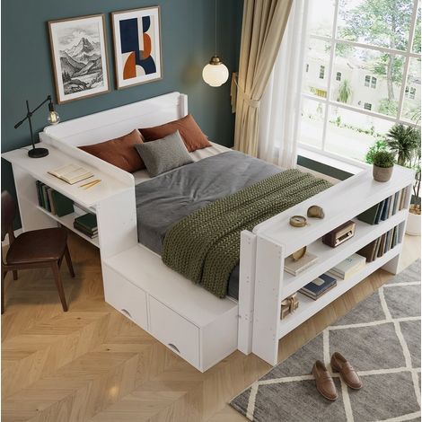 MODFU – Cama 120x200 cm de madera blanca con escritorio, almacenamiento elevable y módulo reversible – Blanco (1/5)